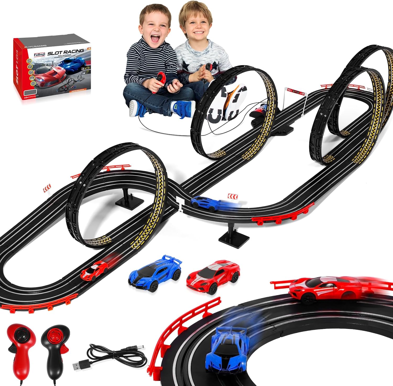 Slot Car Race Track Set for Kids Ages 6-12, Dual Racing Game with 2 High-Speed Cars, Battery or Electric Powered, Plug-in Track, 1:64 Scale Gift Toy for Boys & Girls