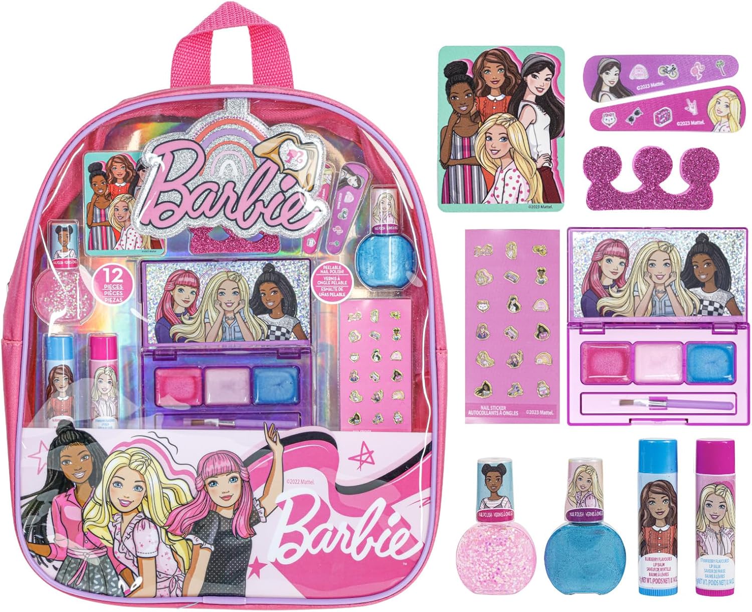 Barbie Makeup Filled Backpack Set, Including Lip Balm, Nail Polish, Nail File, Hair Bows, and Other Accessories, Ages 3+ for Parties, Sleepovers and Makeovers, By Townley Girl