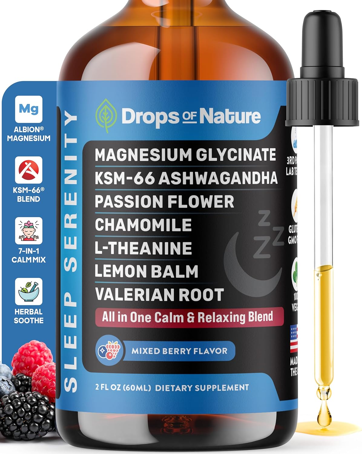 Magnesium Glycinate & Ashwagandha Liquid Drops with Valerian Root, Chamomile, Passion Flower, Lemon Balm & L-Theanine - Vegan Fast Absorption - Supplement for Wellness & Relaxation (Mixed Berry, 60mL)