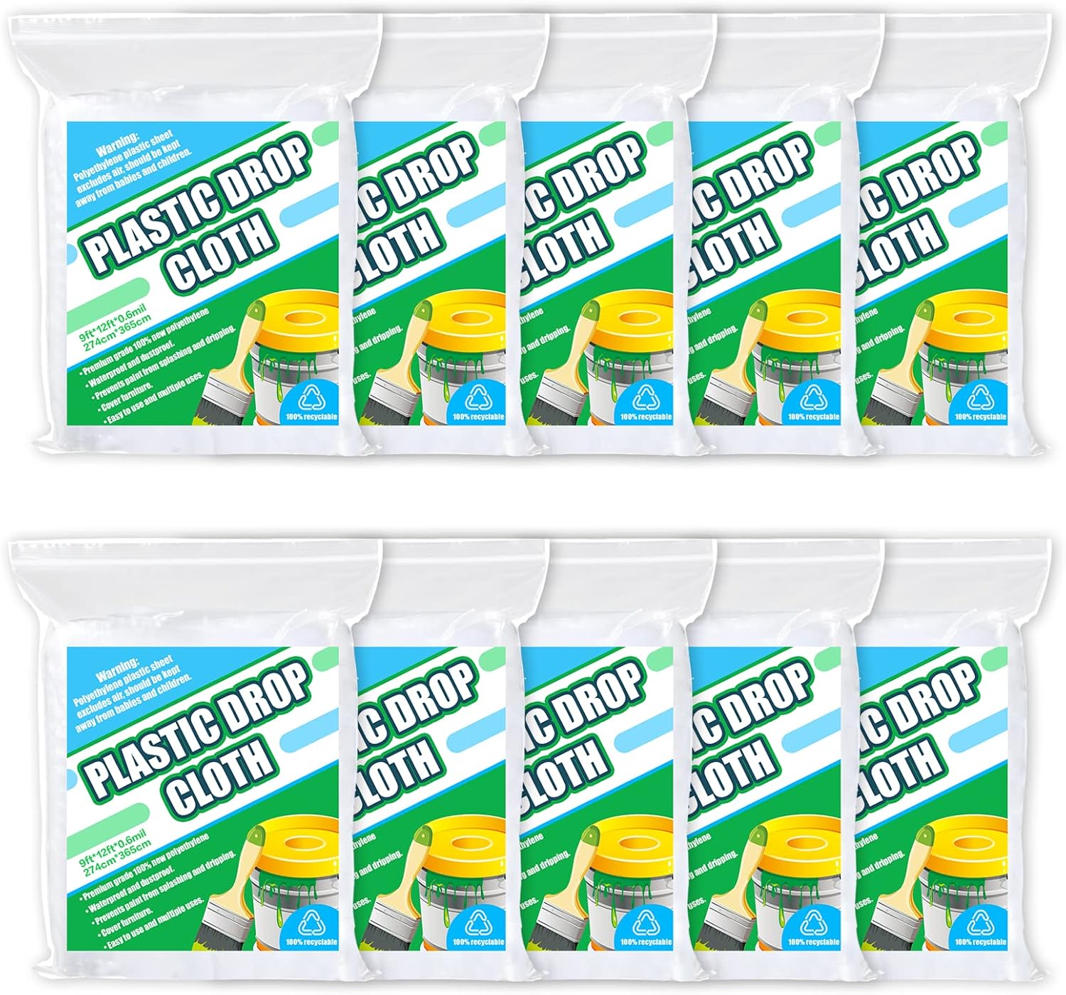 10 Pieces Plastic Drop Sheets for Painting, Plastic sheeting Waterproof Dust-Proof Clear Cloth for Furniture Cover, 9x12 Feet Tarps