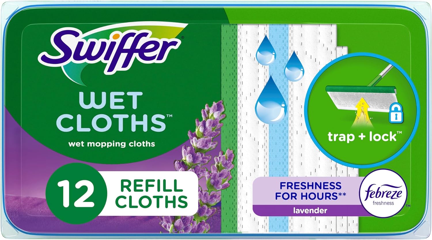 Swiffer Sweep + Mop, Wet Pads Refill, Floor Cleaner for Dirt, Dust, Hair, Cleaning Cloths for Mopping Home, Bathroom, Kitchen, All Purpose Multi-Surface Floor Wipes, Lavender, 12ct