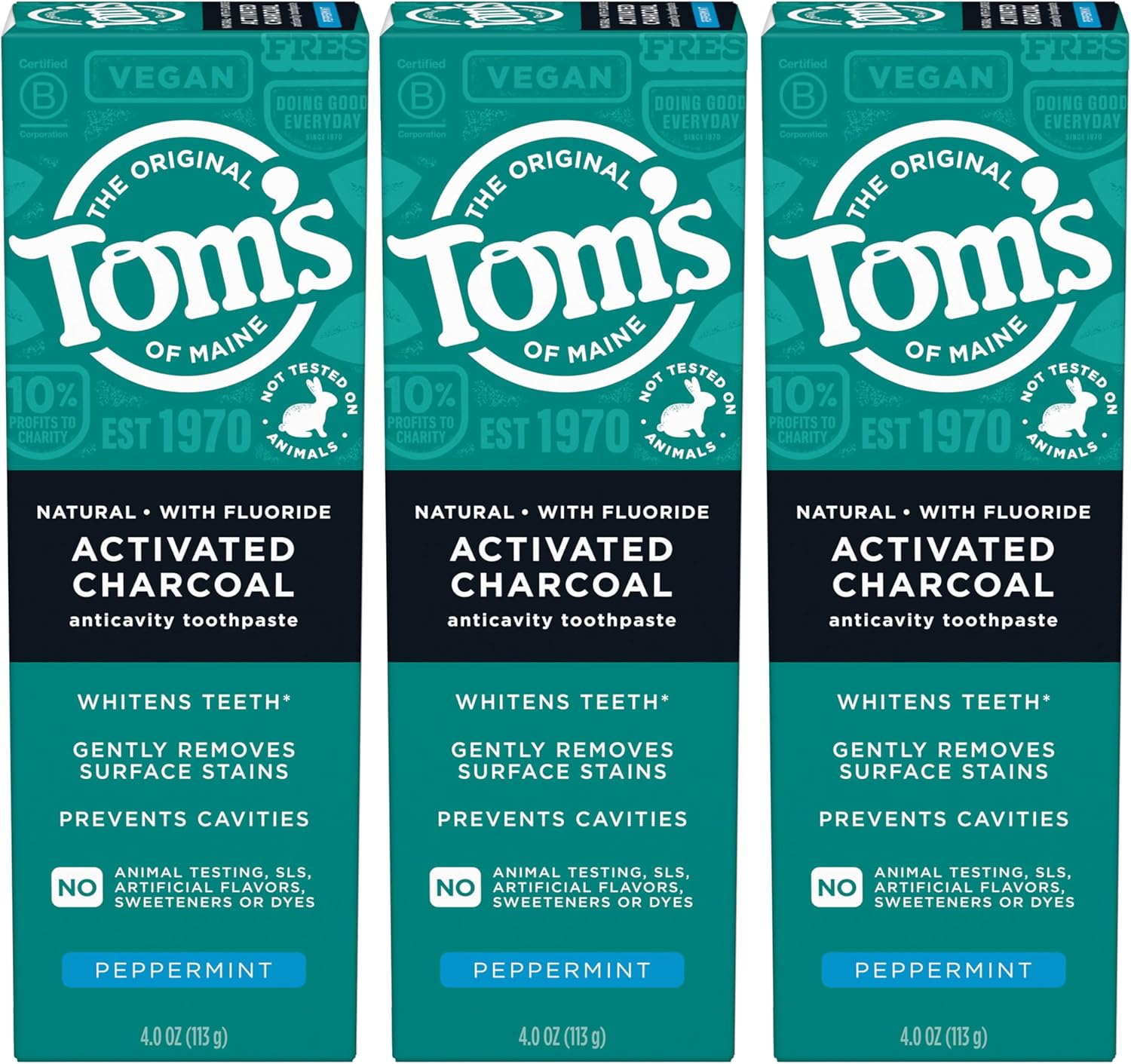 Tom's of Maine Activated Charcoal Whitening Toothpaste with Fluoride, Peppermint, 4.7 oz. 3-Pack (Packaging May Vary)
