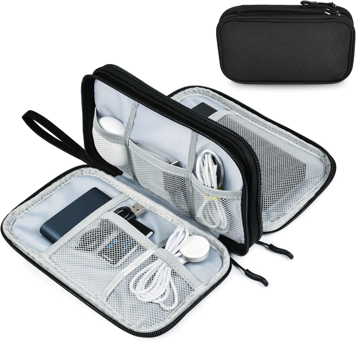 AMFUN External Hard Drive Case, Universal Cable Organiser With Inner Compartments and Mesh Pockets, Portable Electronics Accessories Bag, Black Travel Carrying Case (L)