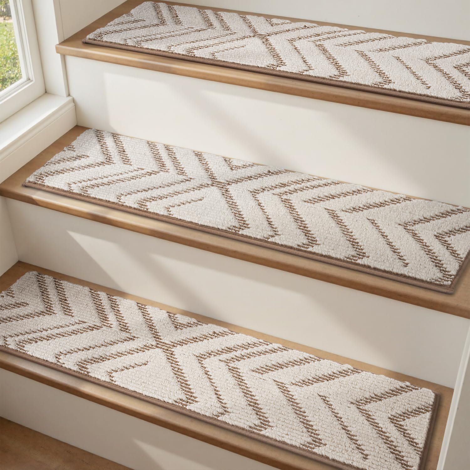 PADOOR Stair Treads for Wooden Steps,15 Pack Peel and Stick Stair Treads Indoor,3D Adhesive Stair Runner for Kids,Elders and Pets, Washable Carpet for Stairs,8"x30",Brown