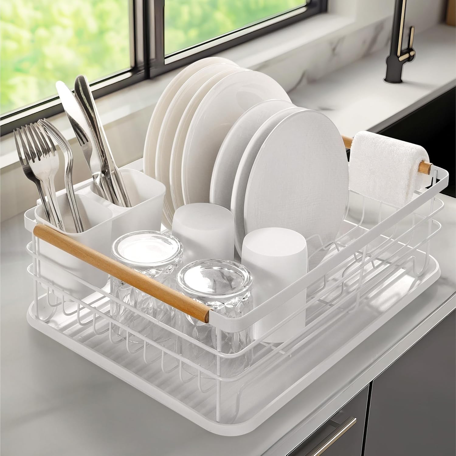 Navaris Dish Drainer Rack - Plate, Cutlery, Pots and Pans Drying Rack for Kitchen with Beechwood Handles - Modern Retro Design Drip Tray - White