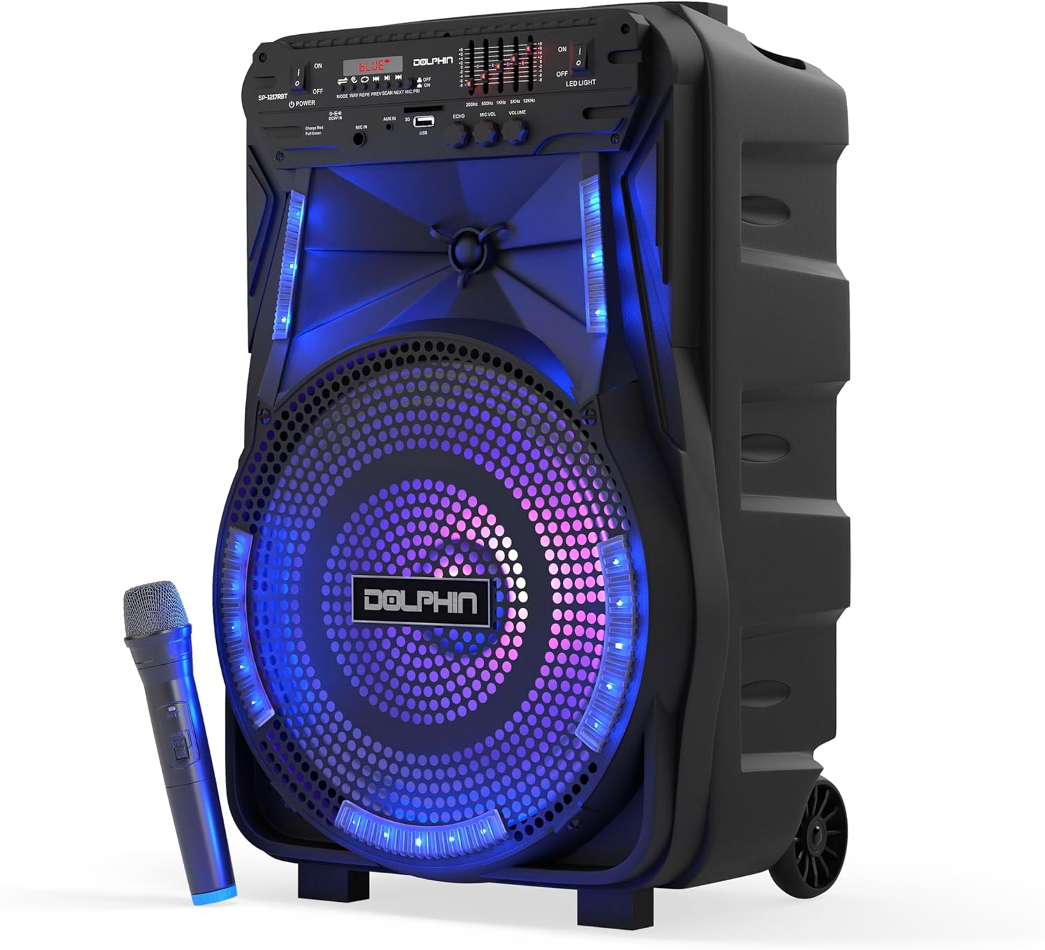 Dolphin SP-1217RBT 12-Inch Rechargeable High Power Bluetooth Party Speaker - TWS, LED Lights, 5-Band Equalizer, Portable with Trolley and Wheels