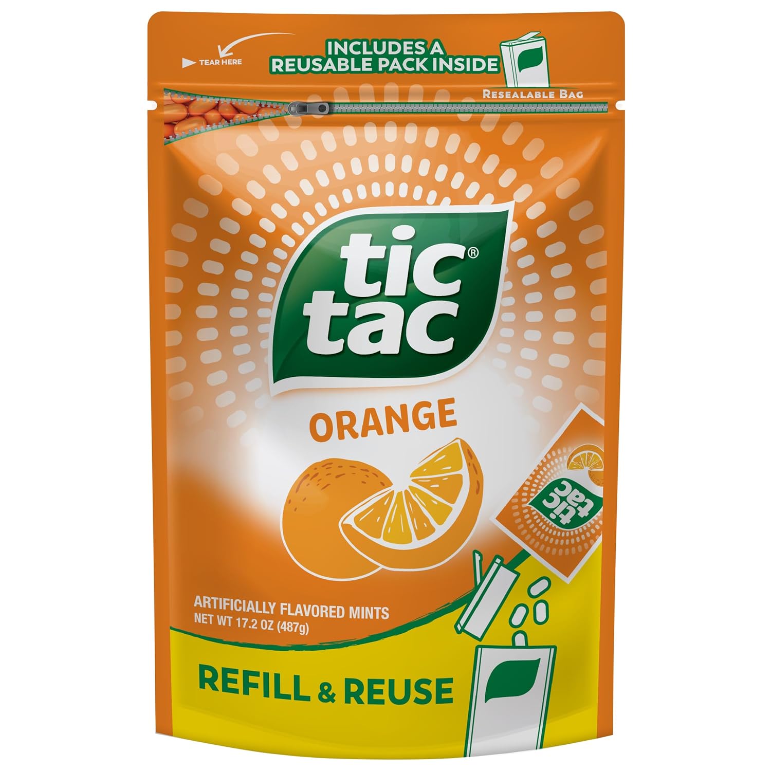 Tic Tac Bulk Resealable Refill Bag, Orange Flavored Mints, On-The-Go Refreshment, Includes Empty Refillable Pack, 17.2 oz