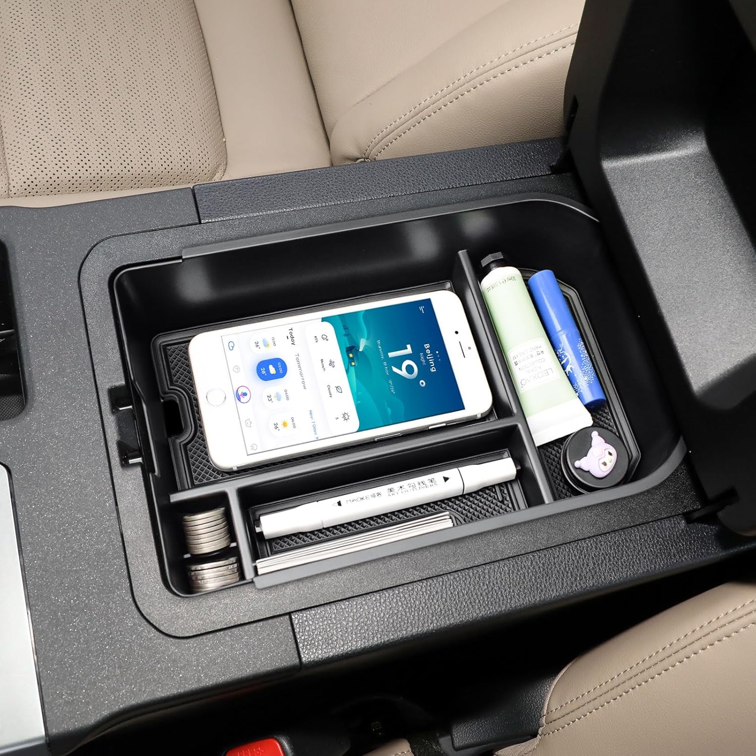 Center Console Organizer Compatible with 2024 2025 Toyota Land Cruiser/Land Cruiser 1958 Interior Accessories, Middle Armrest Storage Box Insert Tray Coin Holder(Not Fit with Cooler Box) Black