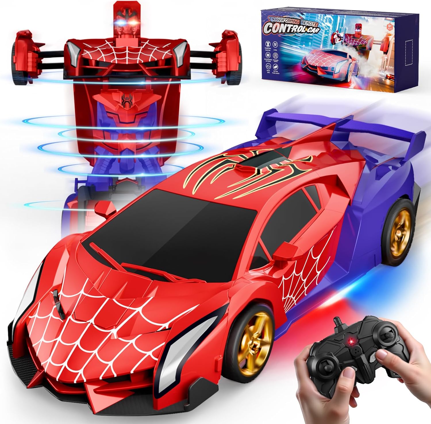 Remote Control Transform Car With Eye & Underbody Lights, 2.4GHz Spider RC Car & Robot One-Button Deformation & Fast 360°Rotation, Toys Gifts Present for 3 4 5 6 7 8 9 Year Old Boys Kids Toys Age 3-12
