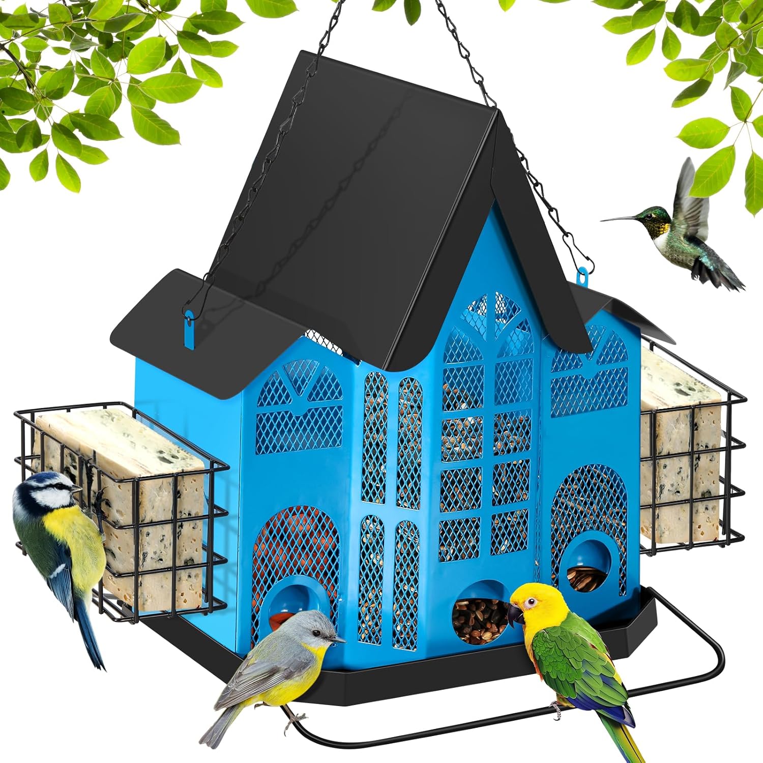 MIAOKE Metal Bird Feeder for Outdoors Hanging, Medieval Themed Metal Bird Feeder, Squirrel Proof Design, Large Capacity, Perching Wires, 2 Iron Baskets Attract Cardinals, Chickadees, Woodpeckers