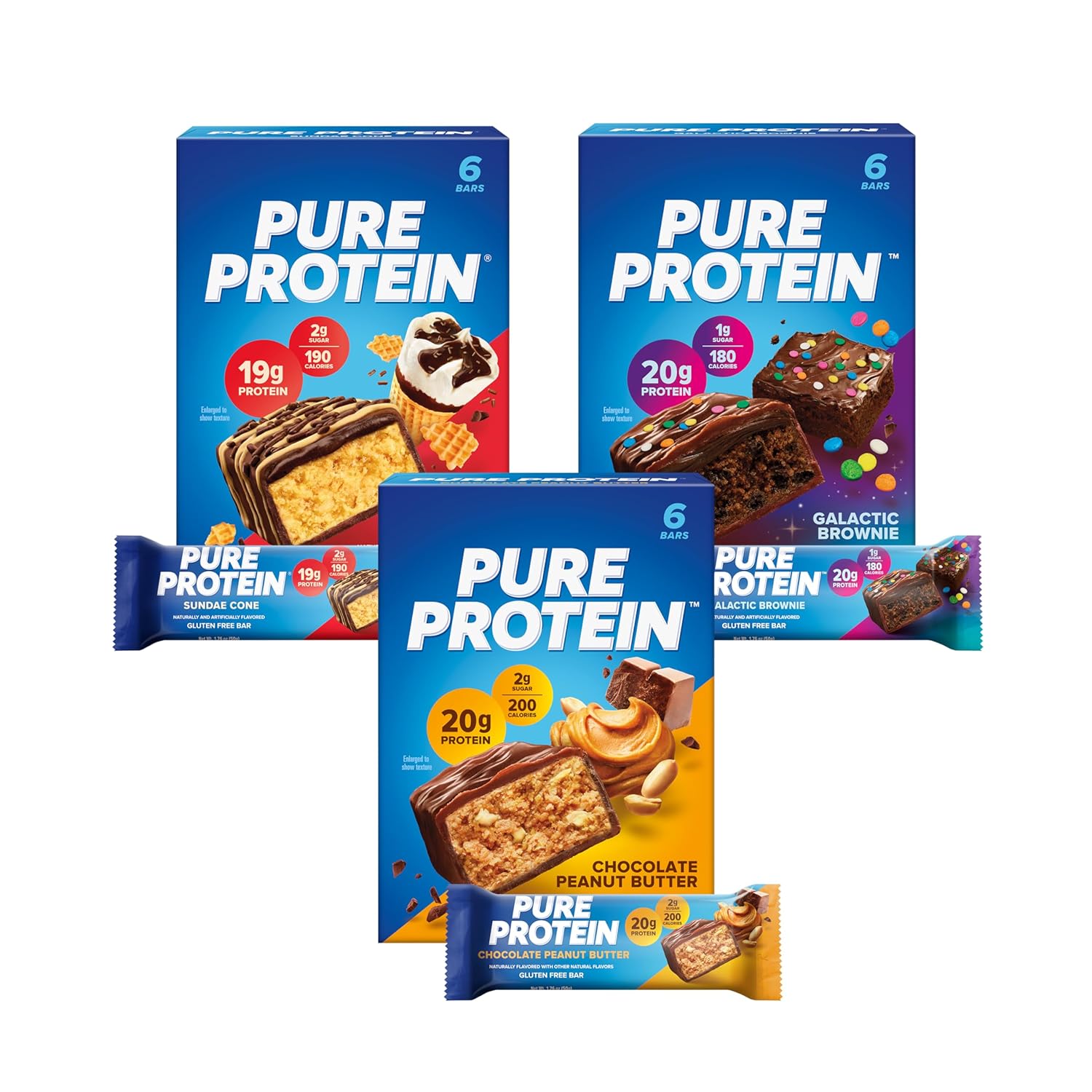 Pure Protein New Variety Pack Protein Bars – 20g Protein, 3g Sugar, 190 Calories (18 count) Low Sugar* High Protein Snack - Gluten Free - Perfect for a Healthy Snack