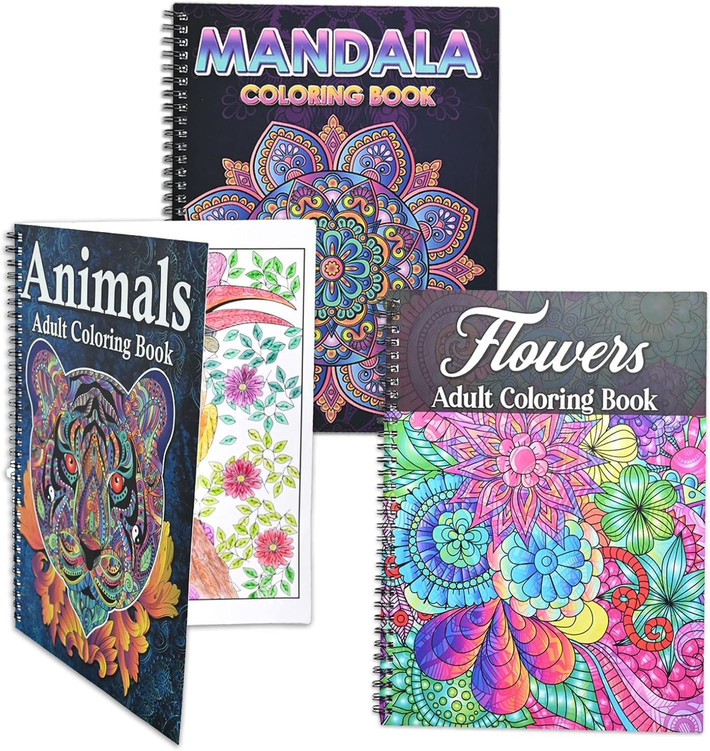 Pobuu 3 Pack Adult Colouring Book,60 Page Mandalas,Animal & Flower Patterns,Spiral Bound Colouring Books for Adults Relaxation, Anxiety Relief Gifts for Women