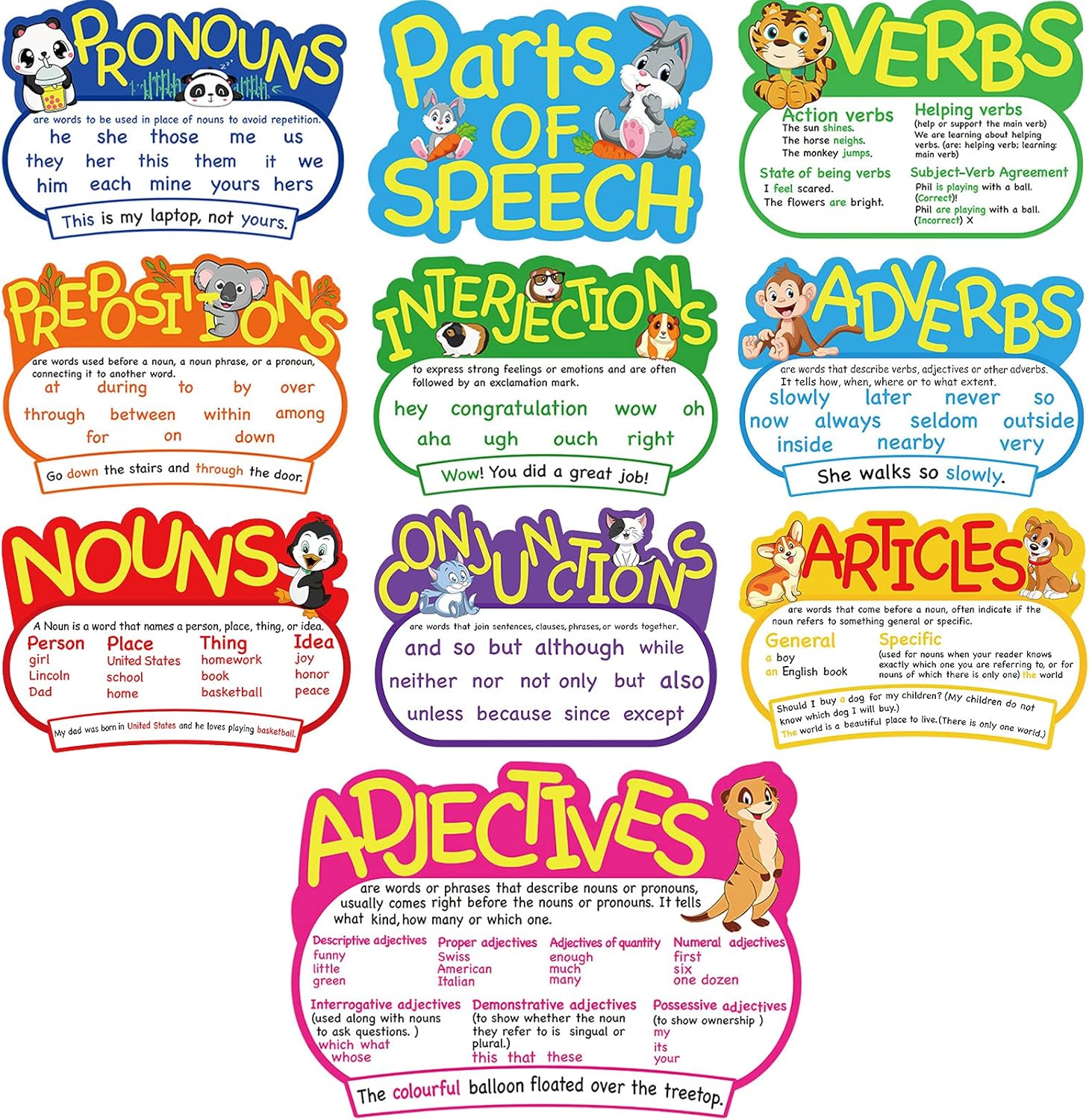 Outus 10 Pcs Parts of Speech Poster Grammar Poster Educational Grammar Cutouts Bulletin Board Set for Classroom Teachers Elementary Homeschool Essentials, 16.5 x 11.5 Inches (Bright Color,Animal)