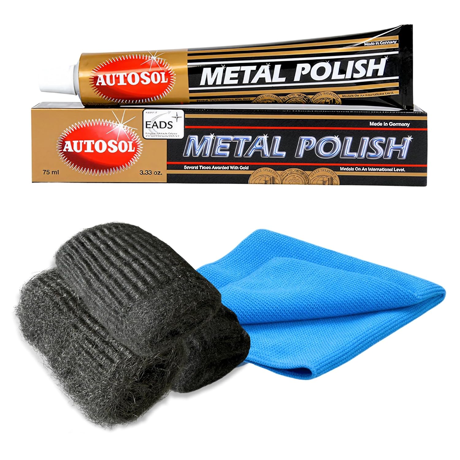 All-Purpose Metal Polish Kit – 3-Grade Steel Wool (0000, 00, 1) & Microfibre Cloth – Chrome, Stainless Steel, Brass, Copper & Silver Cleaner for Car, Bike, Boat & Home