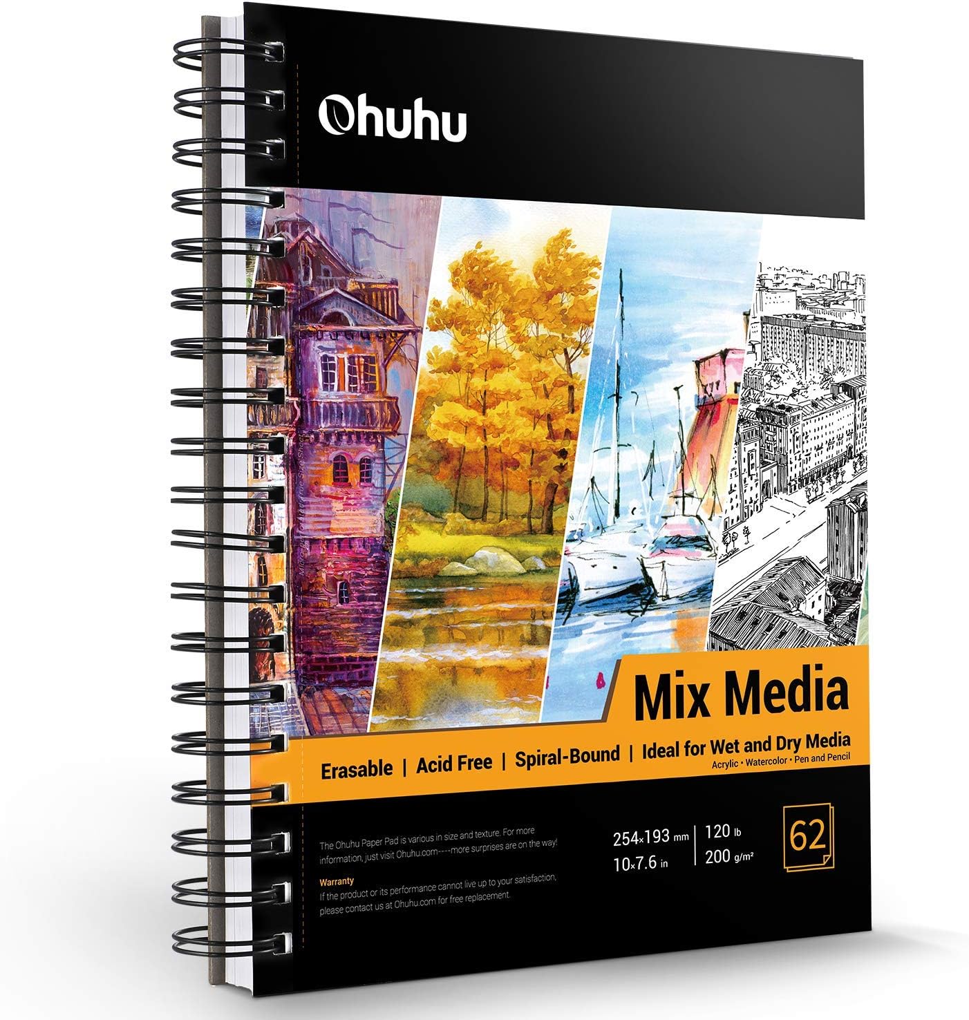 Mix Media Pad, Ohuhu 10"x7.6" Mixed Media Art Sketchbook, 120 LB/200 GSM Heavyweight Papers 62 Sheets/124 Pages, Spiral Bound Mixed Media Paper Pad for Acrylic, Painting Christmas Gift