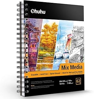 Mix Media Pad, Ohuhu 10"x7.6" Mixed Media Art Sketchbook, 120 LB/200 GSM Heavyweight Papers 62 Sheets/124 Pages, Spiral Bound Mixed Media Paper Pad for Acrylic, Painting Christmas Gift