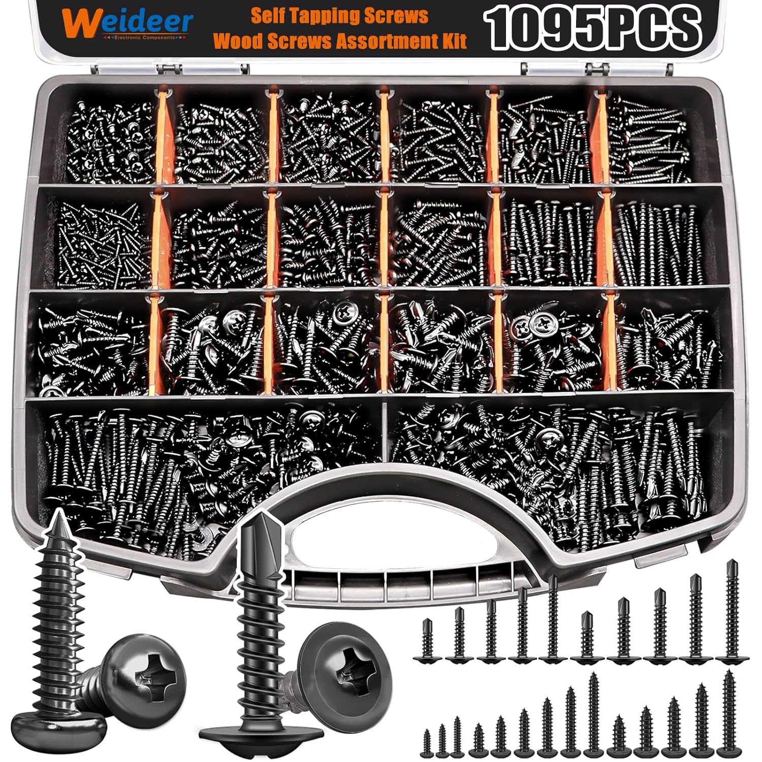weideer 1095pcs Self Tapping Screws for Metal, #8#10 M2 M3 M4 410 Stainless Steel Screws Assortment Kit Black Oxide Truss Head and Phillips Pan Head Metal Screw