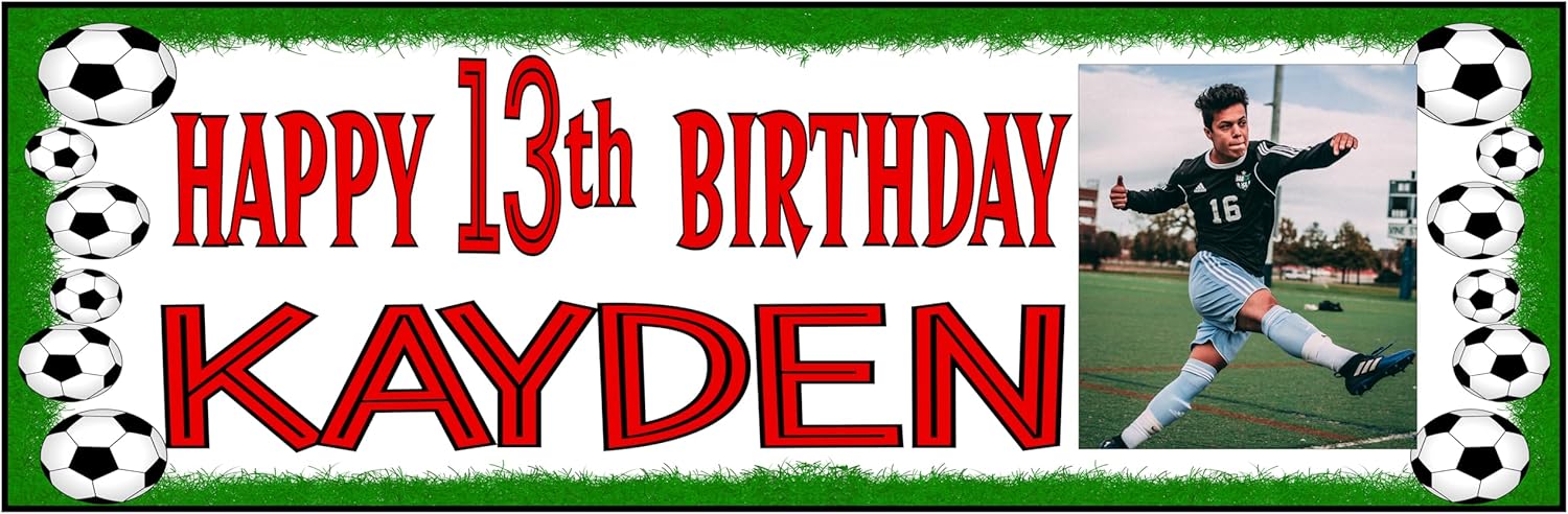 Large 6ft Personalised Football Birthday Banner with Photo for Men Women Boys Girls Any Name and Age Any Colour 4th 5th 6th 7th 8th 9th 10th 11th 12th 13th 18th 21st 30th 40th 50th 60th