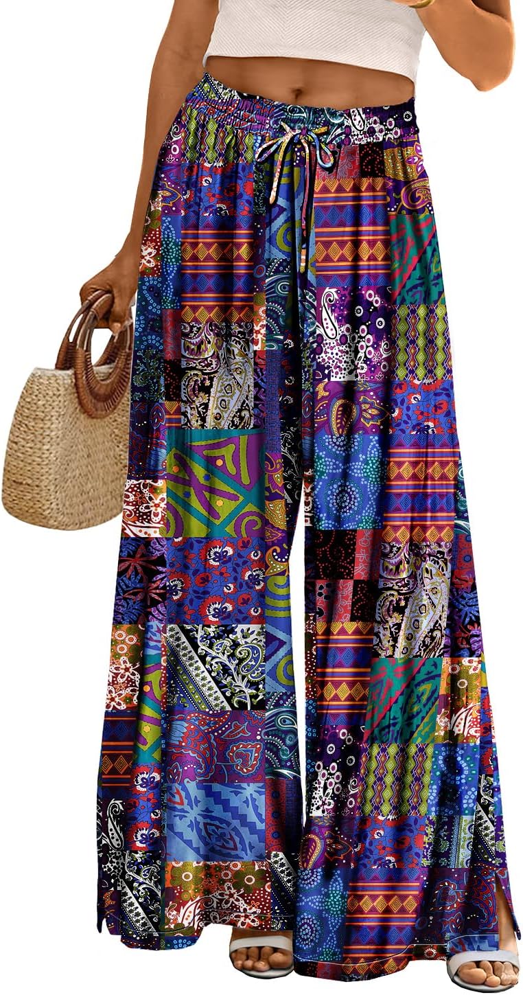 YESNO Women Summer Boho Palazzo Pants 2024 High Waist Wide Leg Floral Casual Cotton Lounge Trousers with Pockets PP0