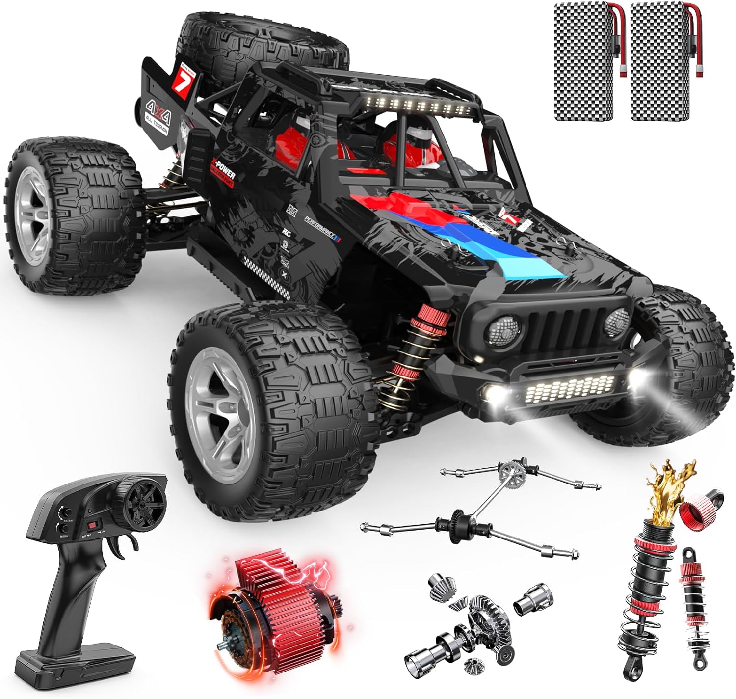 DEERC 1/10 Brushless RC Cars for Adults, 60 KMH 4x4 Off-Road RC Truck, Waterproof Remote Control Monster Truck, High Speed RC Car, All Terrain Remote Control Car for Boys, 2 * 3S Lipo Batteries