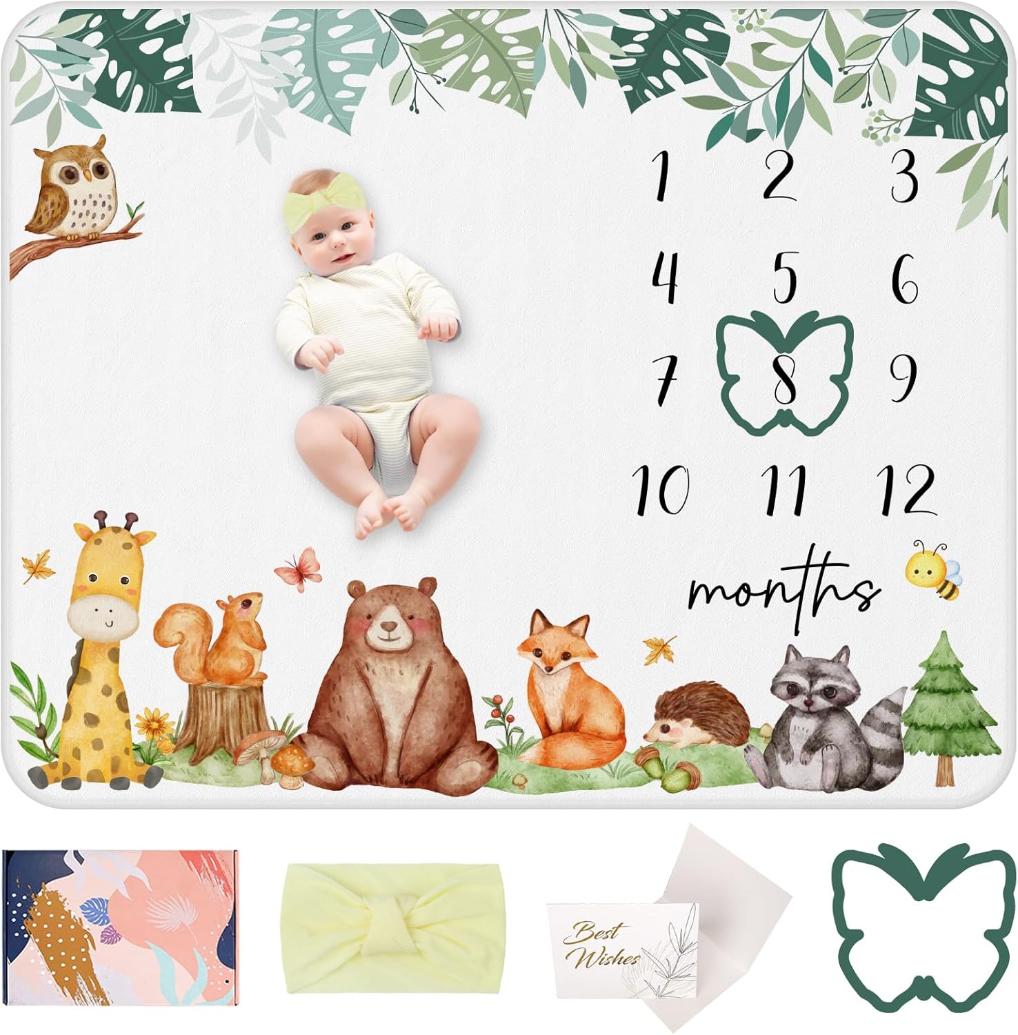 AOKE Baby Milestone Blanket Animals Baby Monthly Milestone Blanket for Baby Boy Animals Milestone Blanket for Baby Boy Shower Gifts Includes PhotoProps Frames Bow Headband Photos