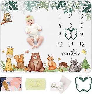 AOKE Baby Milestone Blanket Animals Baby Monthly Milestone Blanket for Baby Boy Animals Milestone Blanket for Baby Boy Shower Gifts Includes PhotoProps Frames Bow Headband Photos