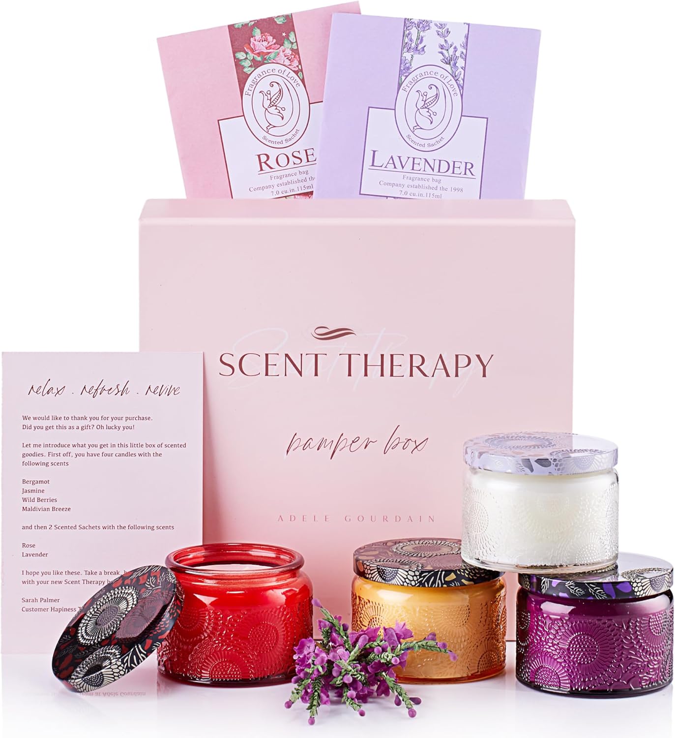 Adelegourdain Aromatherapy Candle Set - Birthday Present for Women - Long-Burning Scented Jar with Sachet - Unique Mum Gift - Birthday Gifts for Women