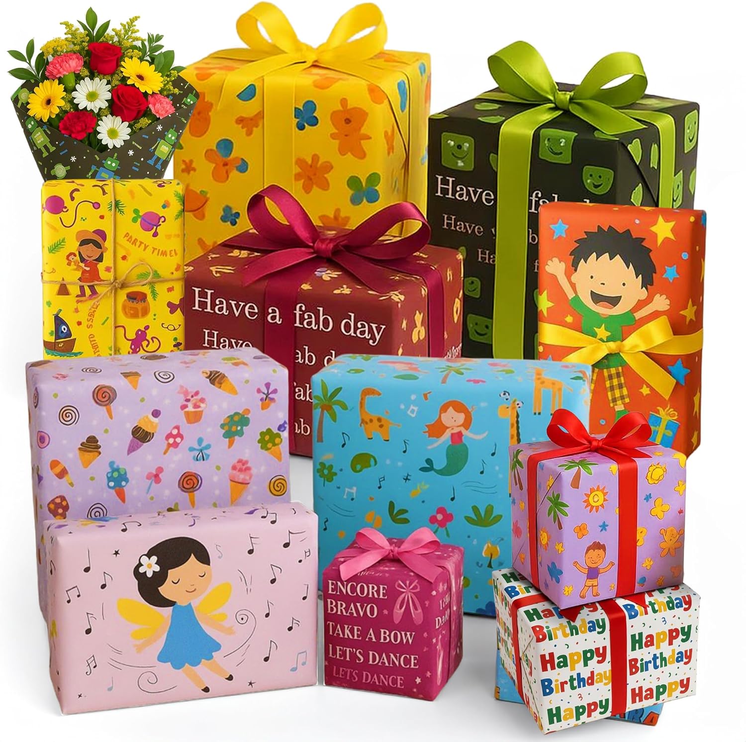 EVOKK 20 Sheets Birthday Wrapping Paper for Kids (50x70CM), Colorful Cartoon Gift Wrap Sheets for Boys & Girls, Birthday, Flowers, Robo Design – Fun Children’s Gift Wrapping for Special Occasions