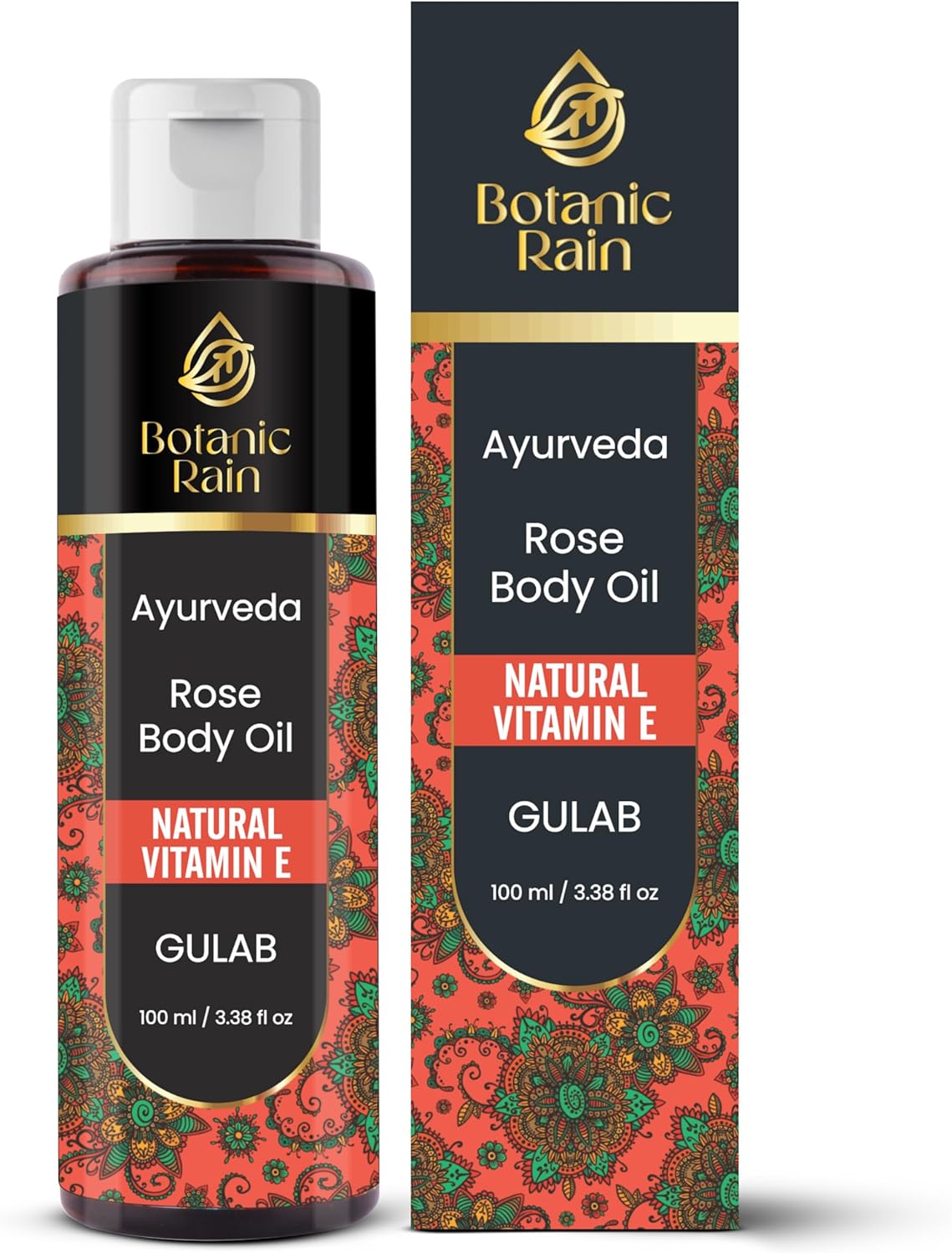 Botanic Rain Ayurveda Rose Body Oil, Moisturizing & Hydrating Organic Vitamin E Oil, Body Oils For Women After Shower, Ayurveda Products For Saggy Skin - 100 ml