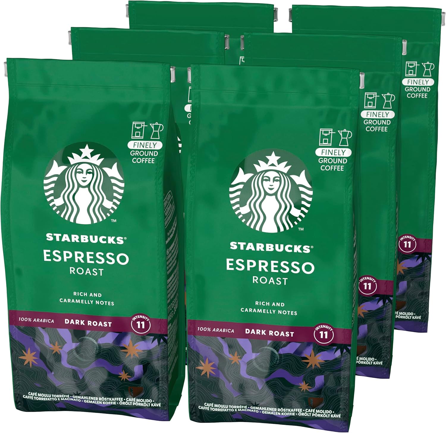 STARBUCKS Espresso Roast, Dark Roast, Ground Coffee 200g (Pack of 6)