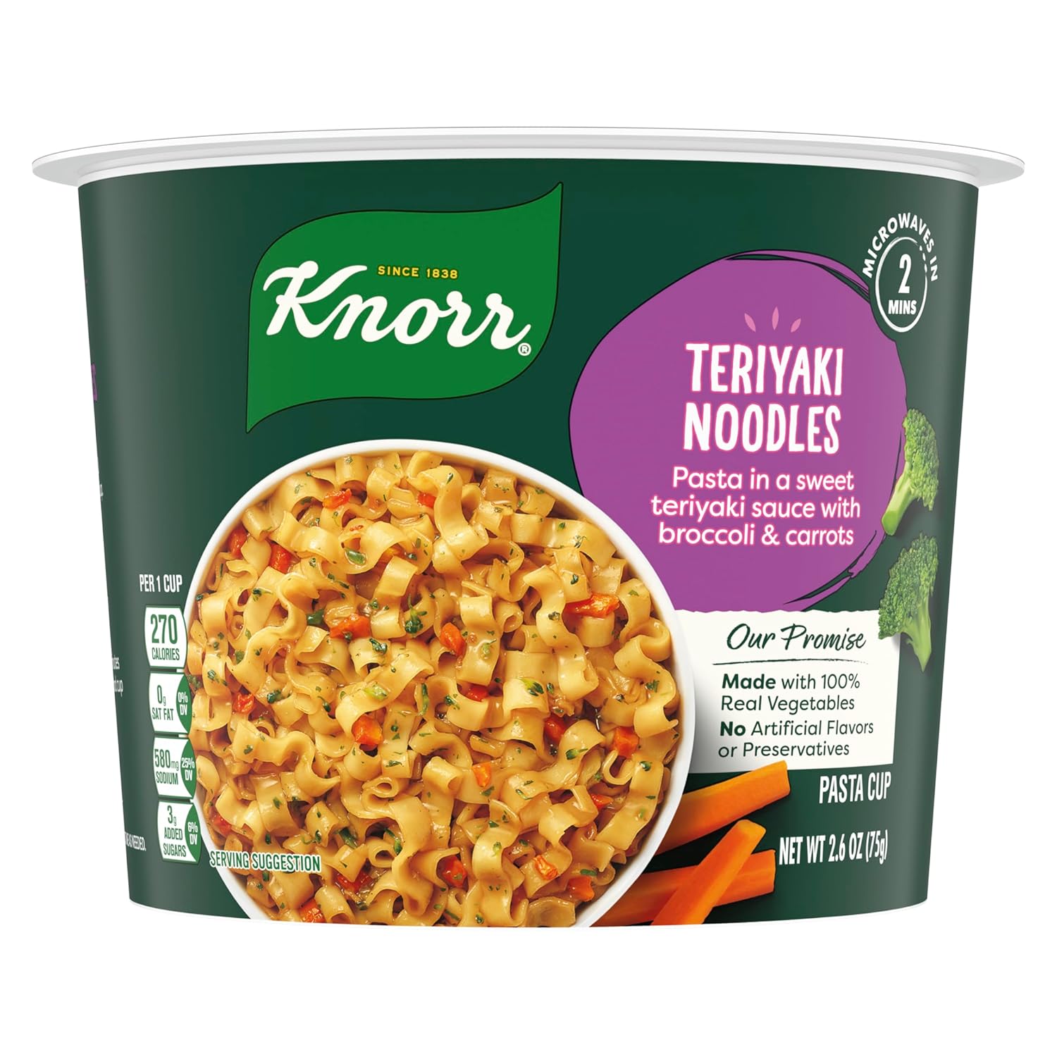Knorr Pasta Cup For a Quick and Easy Meal, Teriyaki Noodles Made with 100% Real Vegetables & No Artificial Flavors or Preservatives, 2.6 oz