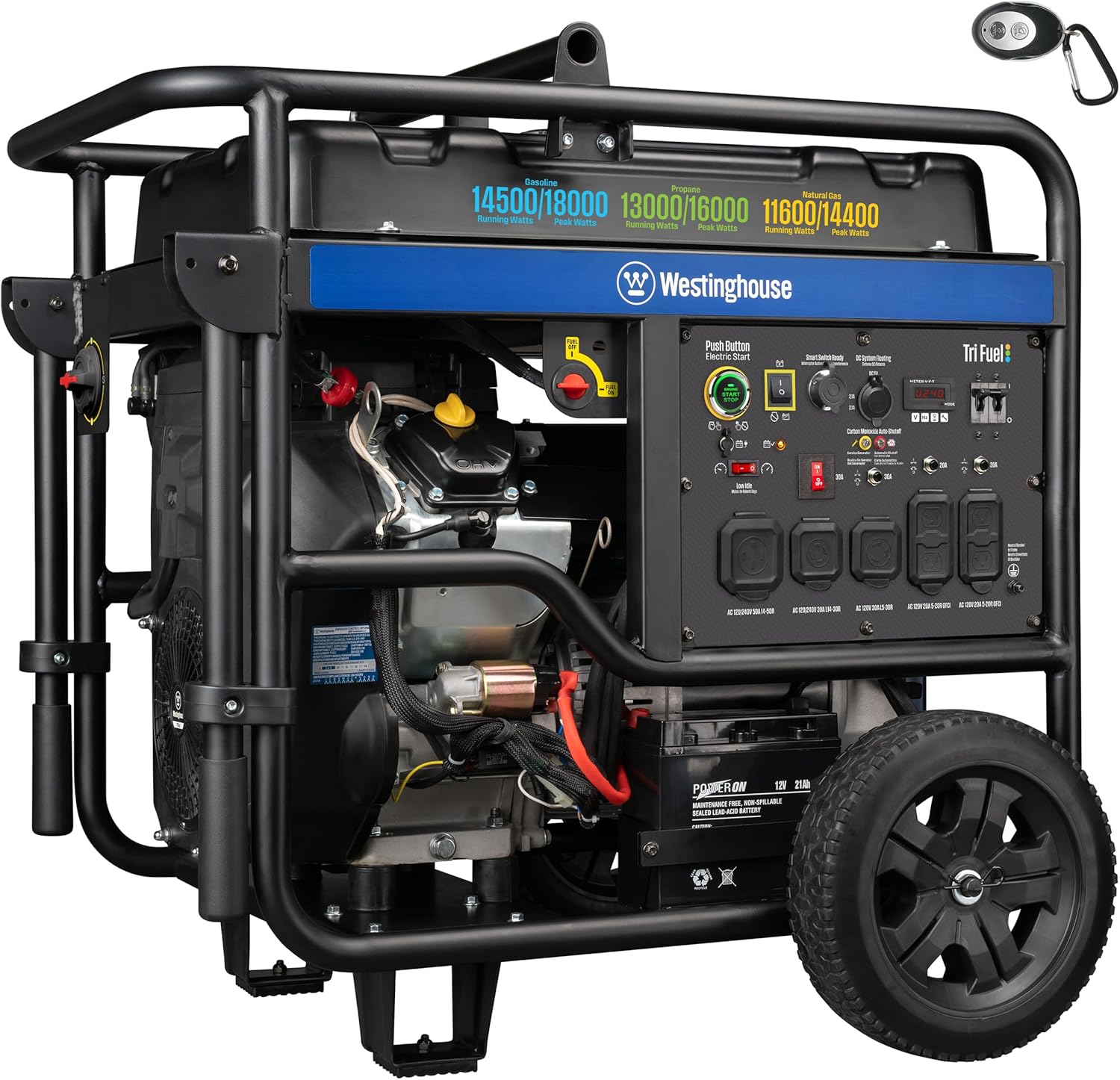 Westinghouse 18000 Peak Watt Tri-Fuel Home Backup Portable Generator, Remote Electric Start, Transfer Switch Ready, Gas, Propane, and Natural Gas Powered, CO Sensor