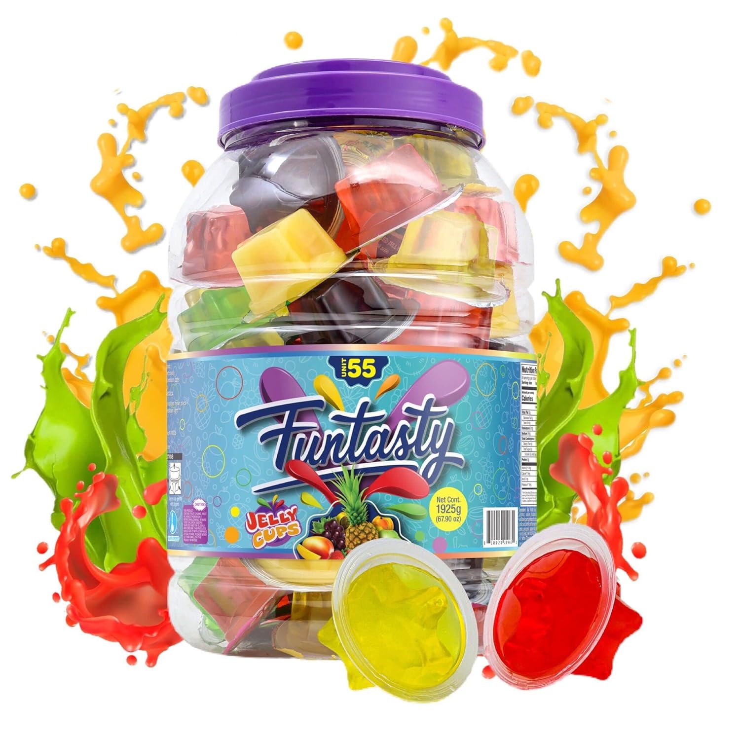 Funtasty Jelly Cups - 55 Count Jar - Assorted Fruit Candy - Vegan Friendly - Halloween Party Treat - Green Apple, Peach, Pineapple, Strawberry, Mango, Grape
