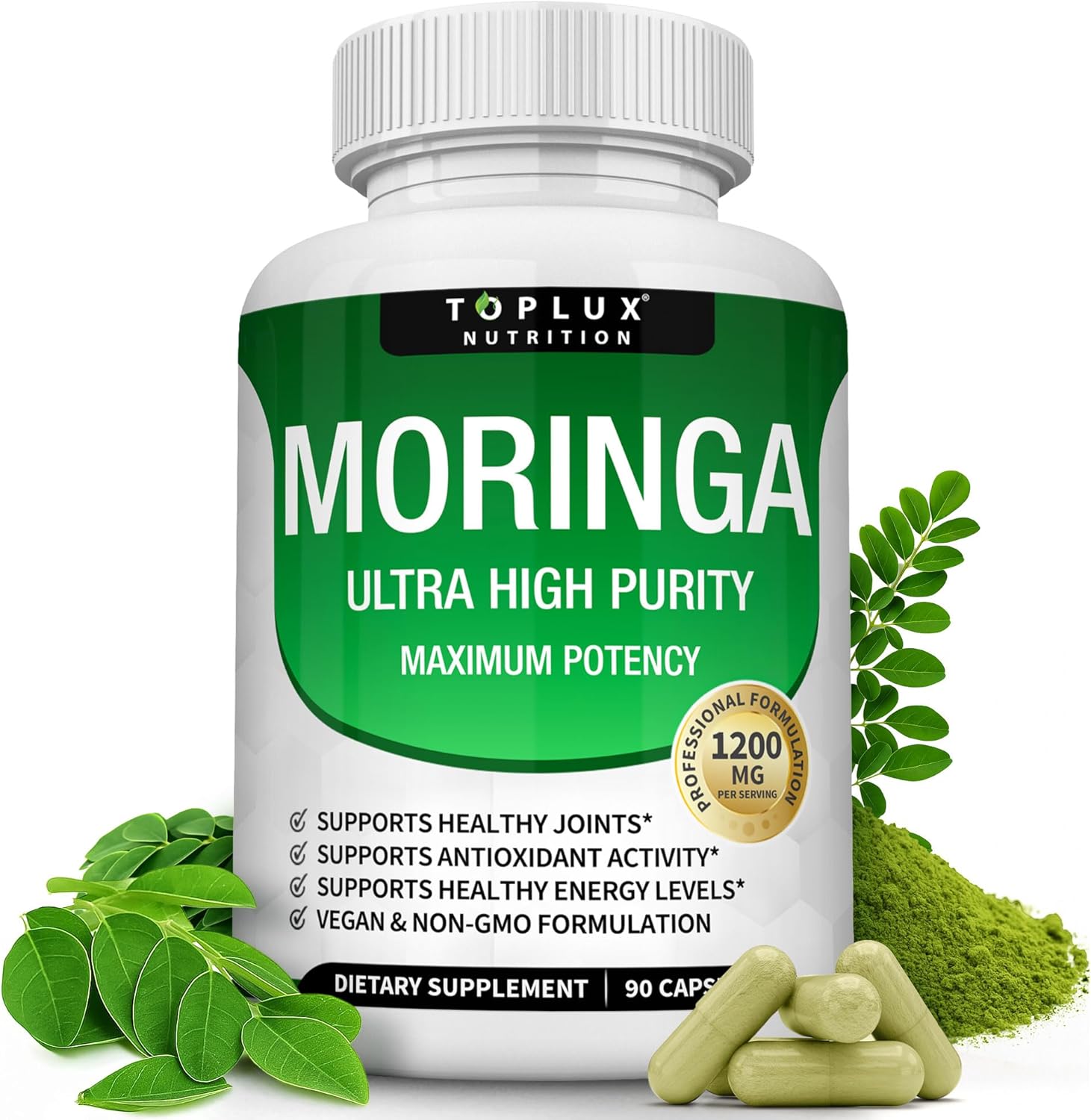 Moringa Capsules 1200mg – Pure Moringa Powder Oleifera Leaf Superfood Rich in Antioxidant, Skin Health & Immune Support, Natural Green Superfood, Vegan Non-GMO 90 Capsules