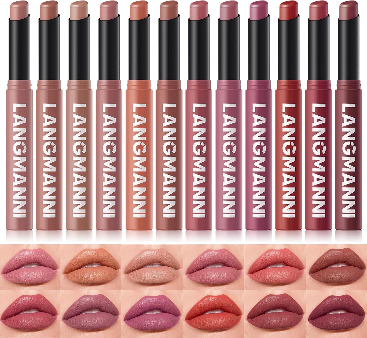 LANGMANNI 12Colors Velvet Matte Lipstick Set, Nude to Bold Shades | High Pigment & Non-Drying | Creamy Lip Color Sticks With Angled Tip in Premium Gift Box for Women