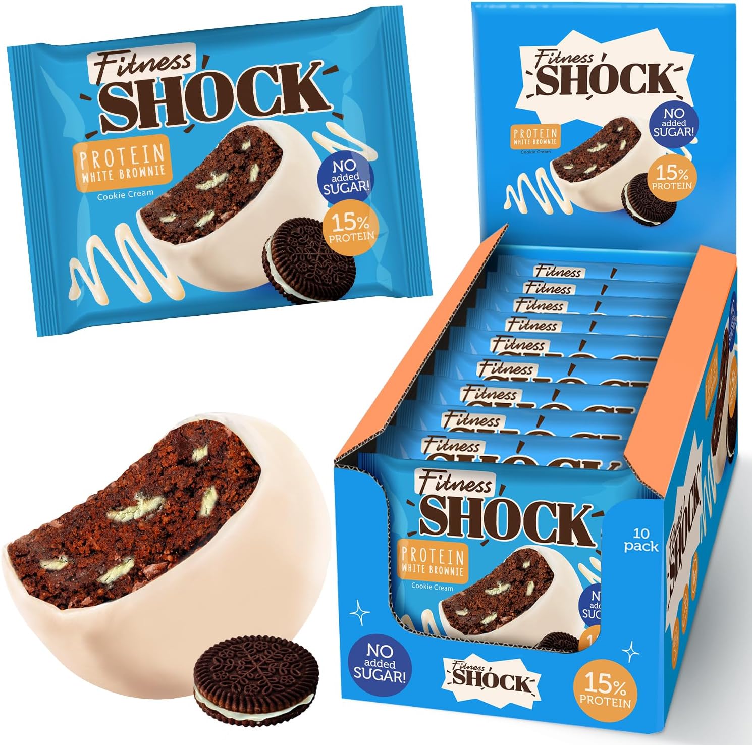 FitnesSHOCK Protein Brownie White Chocolate, No Added Sugar, 15%/7,5g Protein, 233kcal, Pre/Post Workout Snack - No Palm Oil, Filling dietary fibre, Soft Texture, 10x50g - Cookie cream flavour