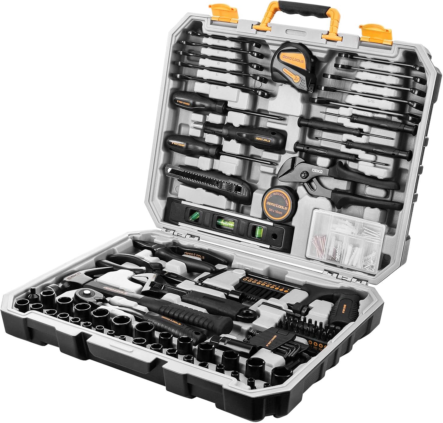 DEKOPRO 218-Piece General Household Hand Tool kit, Professional Auto Repair Tool Set for Homeowner, General Household Hand Tool Set with Plier, Screwdriver Set, Socket Set, with Portable Storage Case