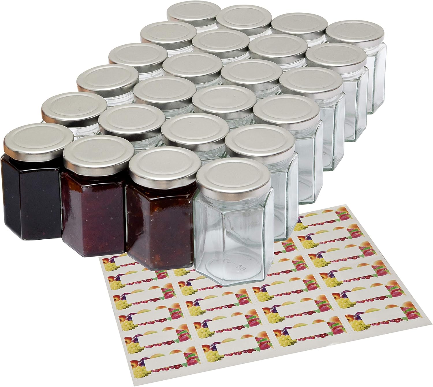 8oz Jam Jars with Lids and Sticker Labels, 24 Pack, Reusable Hexagonal Canning Storage for Preserves, Jelly, Herbs, and Spices, Clear Glass