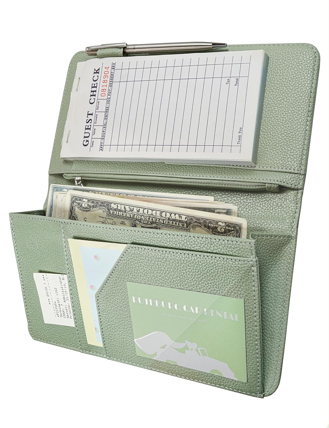 Zreal Cute Server Book for Waitress, Waiter Book with Zipper and Magnetic Pocket, Serving Book for Waitstaff in Restaurants, Leather Waitstaff Organizer Fits Server Aprons(Sage Green)