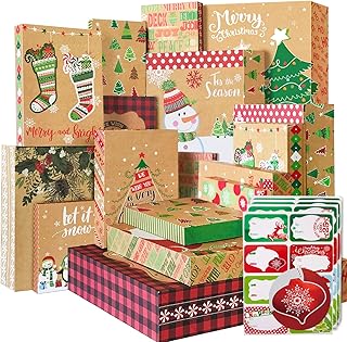 12 Kraft Christmas Gift Boxes with Lids for wrapping Large Clothes and 80 Foil Christmas Gift Stickers (Assorted size for wrapping Robes, Sweater, Coat, Shirts and Clothes xmas Holiday Present)