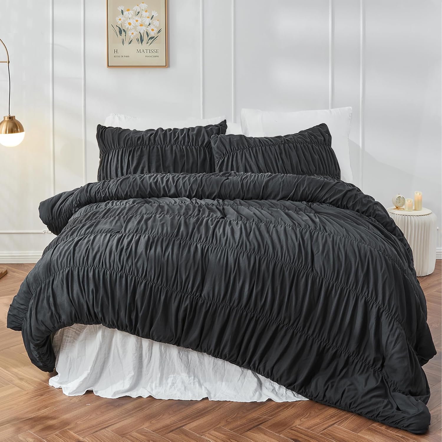 King Size Comforter Set - Ruched Black Comforter King Bed Set Boho Shabby Chic Bedding - Fluffy 3 Piece Ruffle Comforter Set with Pillow - Soft and Luxury