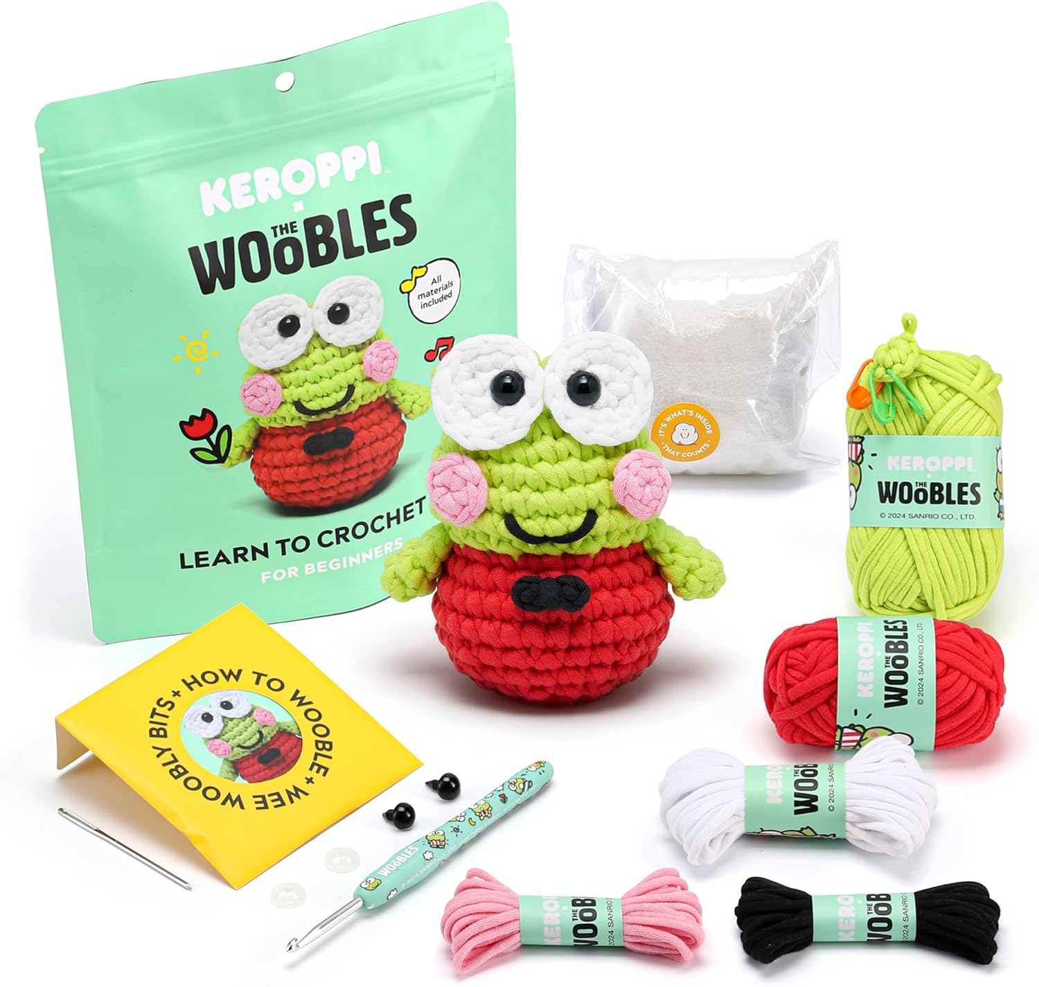 The Woobles Hello Kitty Crochet Kit - Beginners Wooble Crochet Animal Kit Crafts with Easy Peasy Yarn as seen on Shark Tank - with Step-by-Step Video Tutorials (Keroppi)