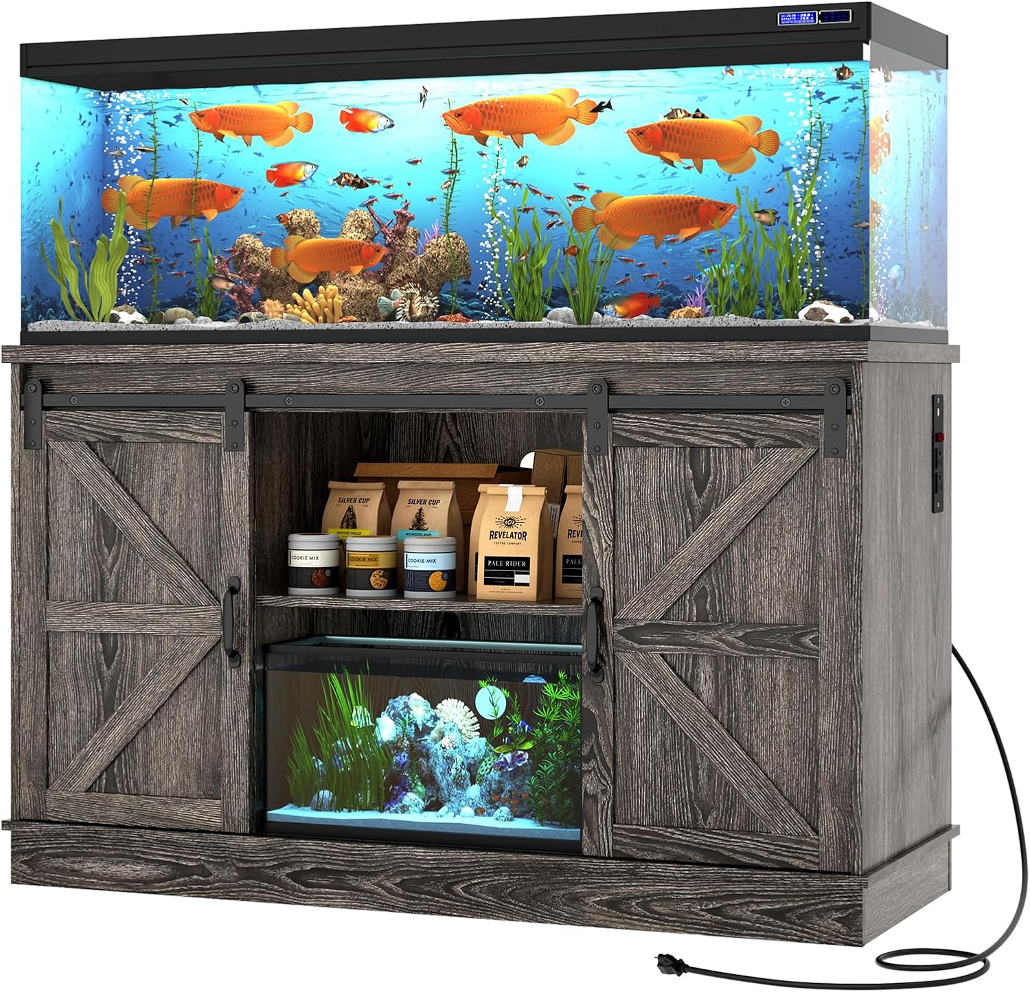Hlivelood Farmhouse 55-75 Gallon Fish Tank Stand with Power Outlet, Aquarium Stand w/Cabinet&Sliding Barn Door, Heavy Duty Reptile Tank Stand for Fish/Turtle/Reptile Terrarium, 1000LB Capacity, Grey