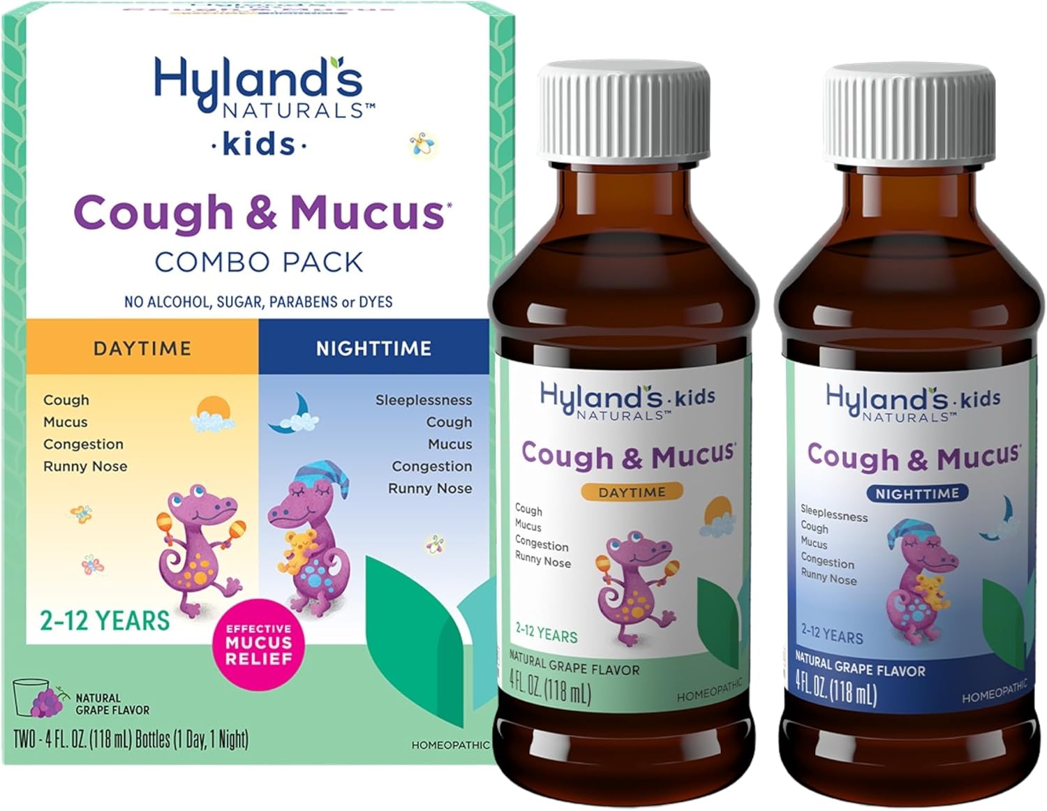 Hyland's Kids Cough Syrup and Mucus Relief Daytime and Nighttime Combo Pack, Kids Medicine for Ages 2-12, Grape Flavor, Promotes Sleep, Cough, Runny Nose, Mucus and Congestion, 8 Ounces