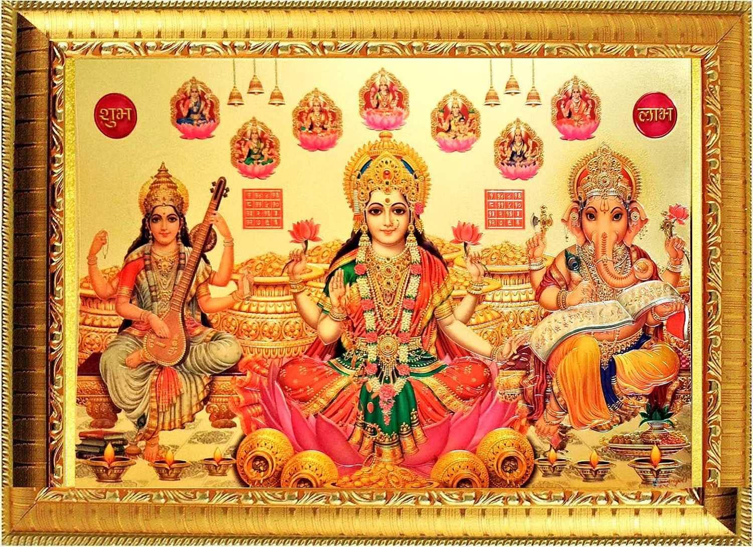 Suninow Laxmi Ganesh Saraswati with ashta laxmi | God Photo for Pooja | Hindu Bhagwan Devi Devta Photo | God Photo Frames | Wall D?cor Photo Frame | Photo Frame (lgs with ASHT laxmi)