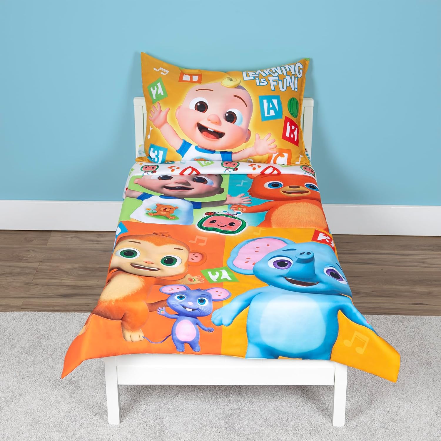CoComelon Learning is Fun 4 Piece Toddler Bedding Set – Includes Comforter, Sheet Set – Fitted + Top Sheet + Reversible Pillowcase for Boys and Girls Bed, Letters and Music Design, Orange