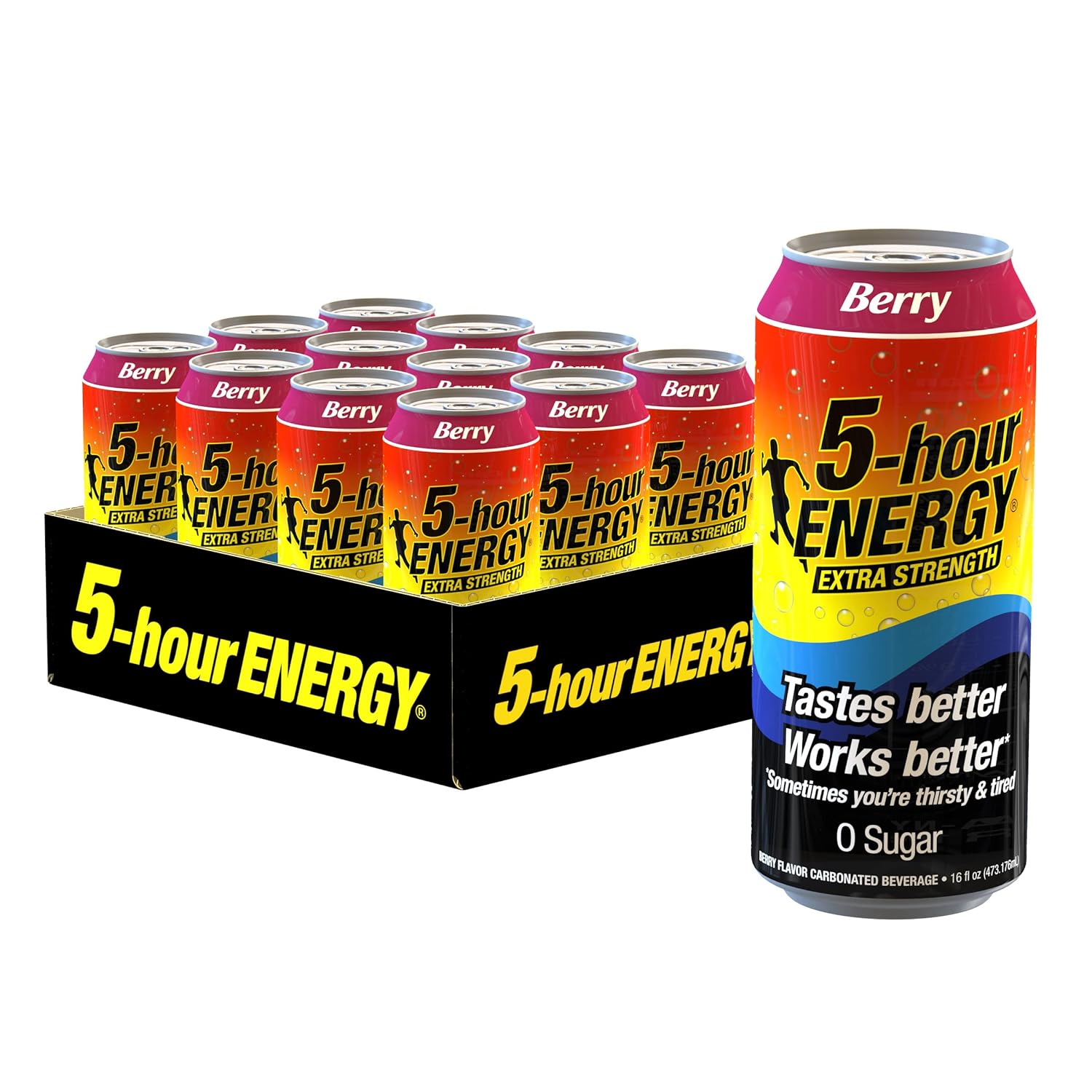 5-hour ENERGY Extra Strength Energy Drink | Berry Flavor 16 oz. Cans 12 Count Sugar-Free & Zero Calories Vitamins Amino Acids Contains Carbonation 230mg of Caffeine 192 ounces