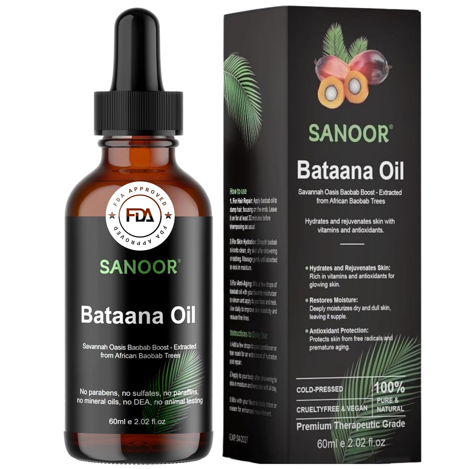 SANOOR African Batana Oil - 100% Pure & Cold-Pressed - Organic Savannah Oasis Formula for Hair Care, Skin Care & Massage - Nutrient-Infused Hair Butter - 2.02oz (60ml)