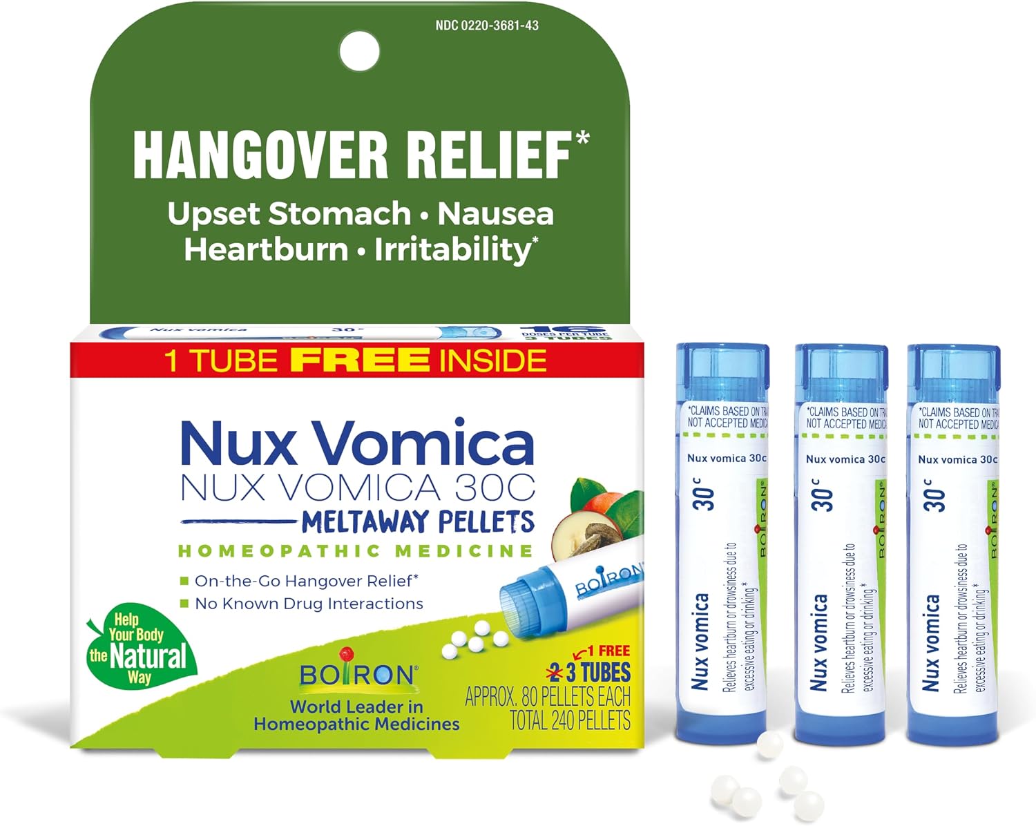Boiron Nux Vomica 30C Homeopathic Medicine for Hangover Relief, Upset Stomach, Nausea, and Overindulgence of Food or Drink - 3 Count (240 Pellets)