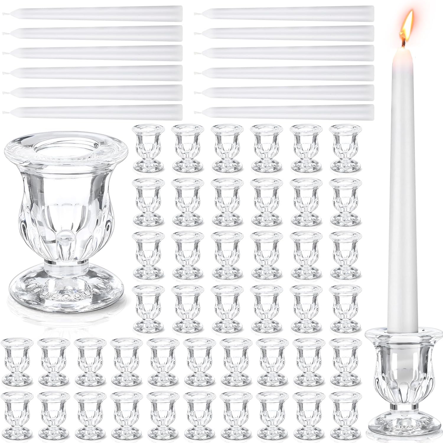 Threlaco 144 Pcs Glass Clear Taper Candle Holders Set Bulk Clear Taper Candlestick Holders White Candles Tall Candlesticks for Wedding Table Centerpiece Birthday Anniversary Party Decor